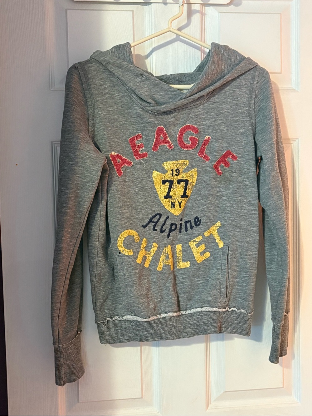 American Eagle Outfitters Grey Hooded Sweatshirt with Red and Yellow Graphic